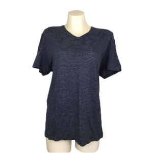 Vince Women’s Short Sleeve Linen Stripe Tee V-Neck T-Shirt Size XL Blue Gray